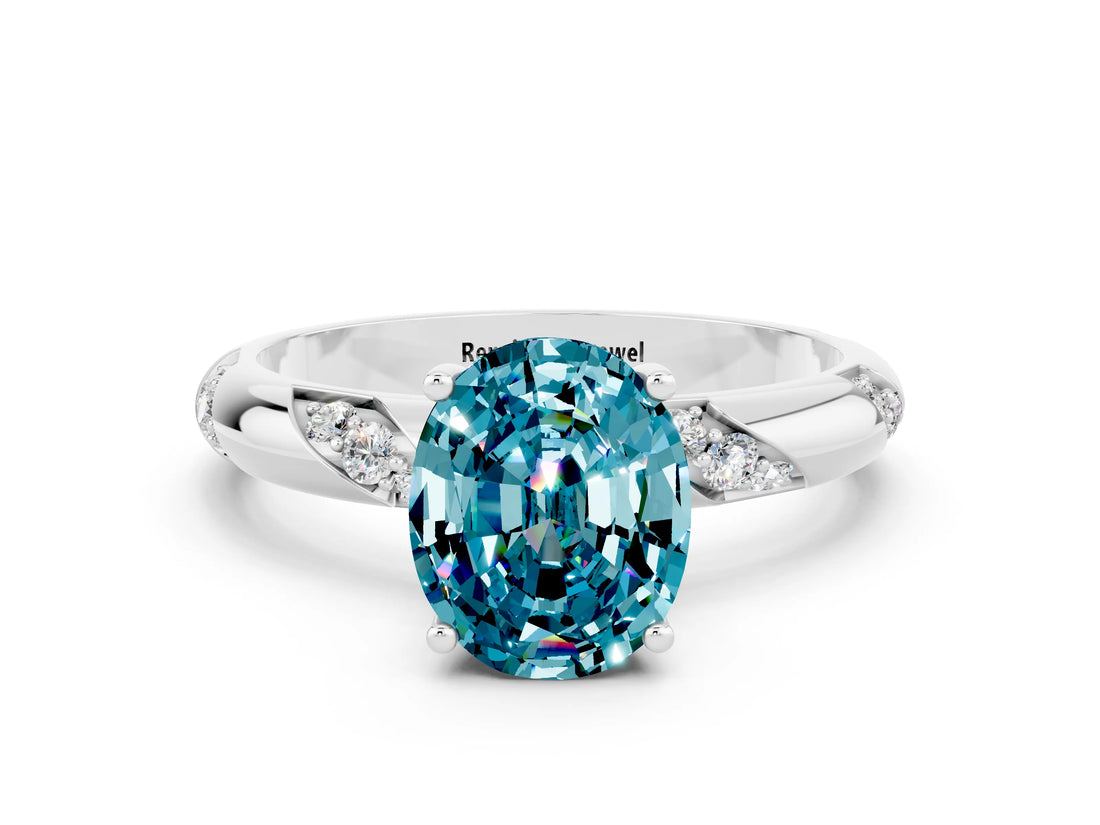 White gold Oval Cut Solitaire Diamond Engagement Ring with Twisted Pave Band and Four-Prong Setting
