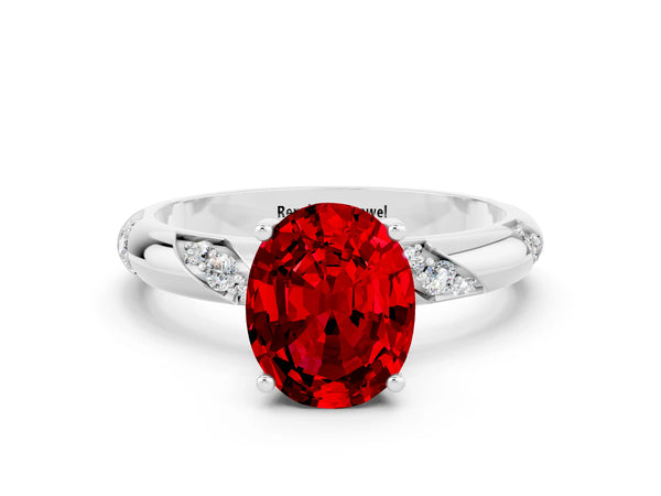 Silver Oval Cut Ruby Solitaire Engagement Ring with Twisted Round  Accent Band and Prong Setting