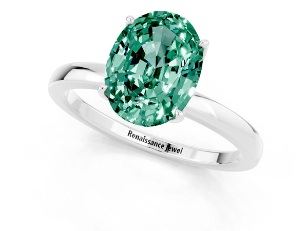 Silver Oval Cut Green Sapphire Solitaire Ring with Thin Band and Prong Setting