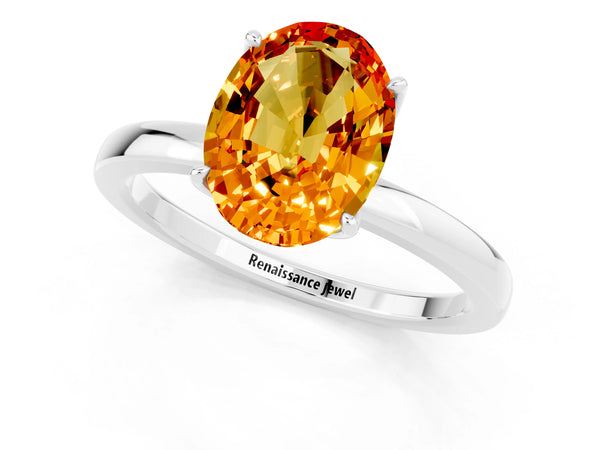 Platinum Oval Cut Citrine Solitaire Ring with Thin Band and Prong Setting
