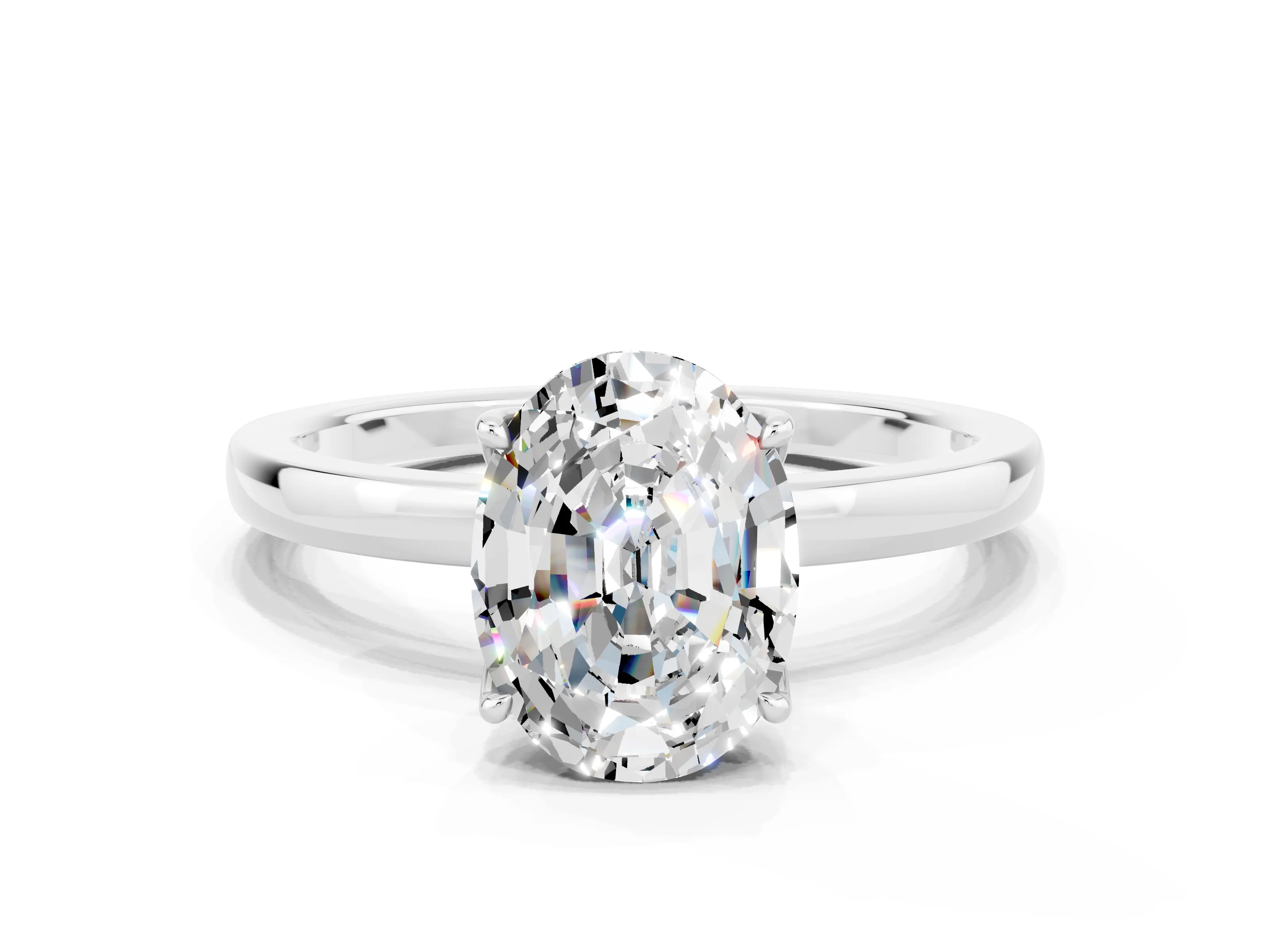 White gold Oval Cut Solitaire Diamond Ring with Thin Band and Four-Prong Setting