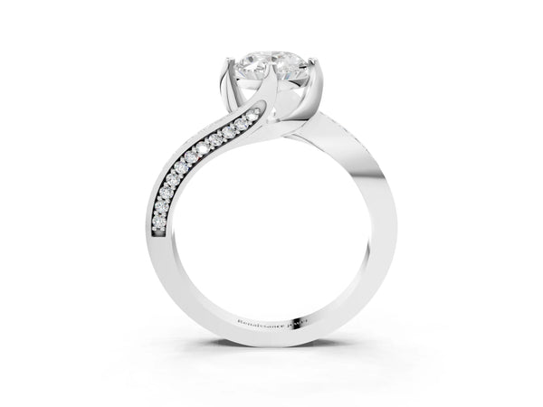 White Gold Oval Bypass Solitaire Engagement Ring Setting with Swirl Pave Band