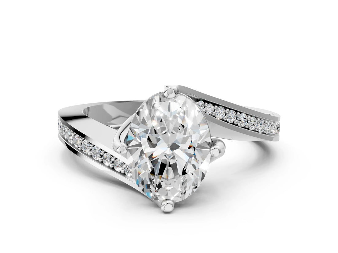 White gold Oval Cut Solitaire Diamond Twist Band with Pavé Setting and Four-Prong Setting_7
