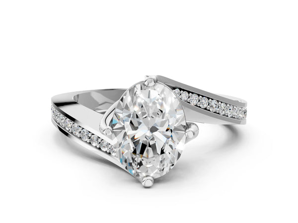 White Gold Oval Bypass Solitaire Engagement Ring Setting with Swirl Pave Band