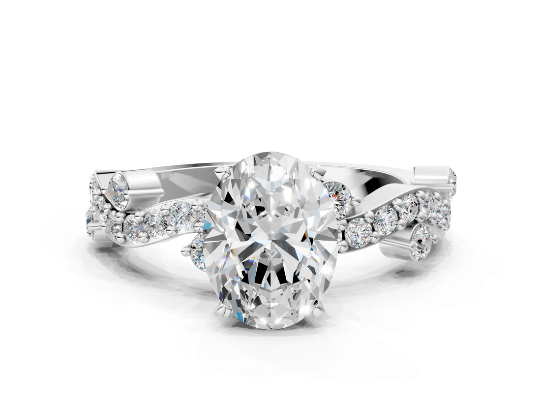 White gold Oval Cut Solitaire Diamond Twisted Band with Pave Setting_106
