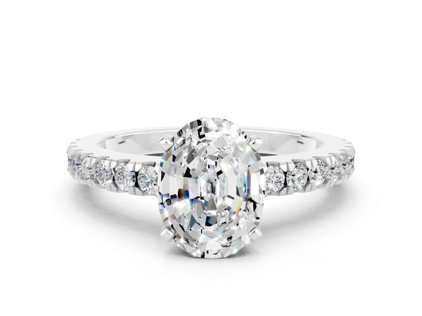 Platinum Oval Cut Solitaire Moissanite with Pavé Band and Four-Prong Setting
