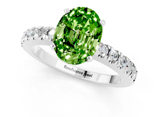Silver Oval Cut Solitaire Peridot with Pavé Band and Four-Prong Setting
