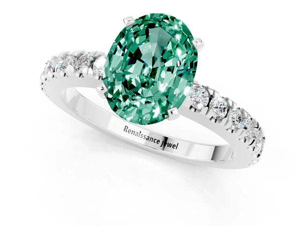 White gold Oval Cut Solitaire Green Sapphire with Pavé Band and Four-Prong Setting