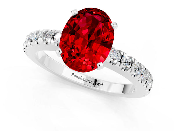 Platinum Oval Cut Solitaire Ruby with Pavé Band and Four-Prong Setting