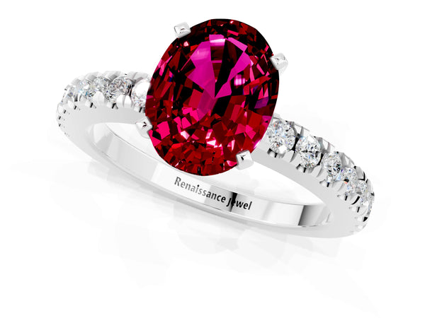 White gold Oval Cut Solitaire Garnet with Pavé Band and Four-Prong Setting
