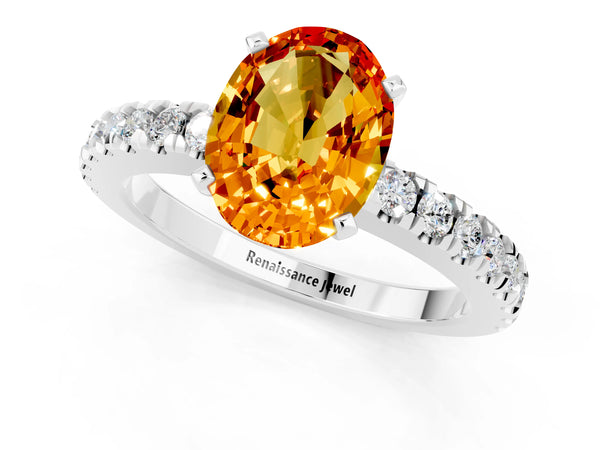 Silver Oval Cut Solitaire Citrine with Pavé Band and Four-Prong Setting