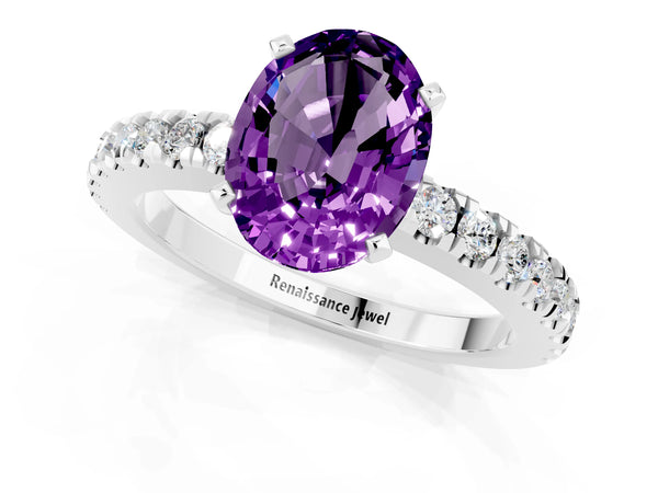 Silver Oval Cut Solitaire Amethyst with Pavé Band and Four-Prong Setting