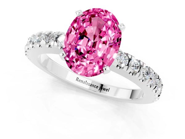 Platinum Oval Cut Solitaire Pink Sapphire with Pavé Band and Four-Prong Setting