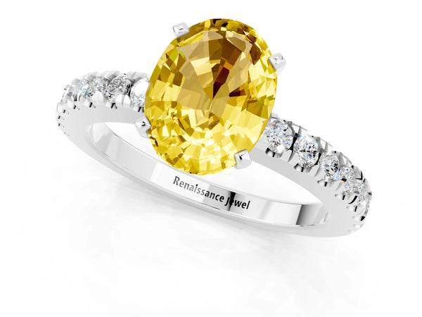 Silver Oval Cut Solitaire Yellow Sapphire with Pavé Band and Four-Prong Setting