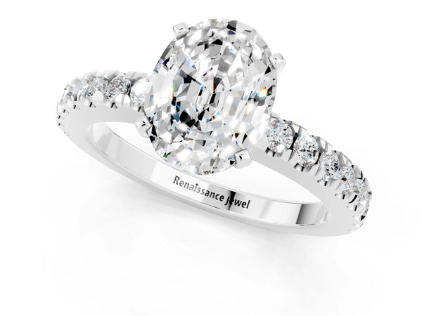 Silver Oval Cut Solitaire Moissanite with Pavé Band and Four-Prong Setting