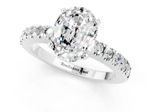 White gold Oval Cut Solitaire Diamond with Pavé Band and Four-Prong Setting_1