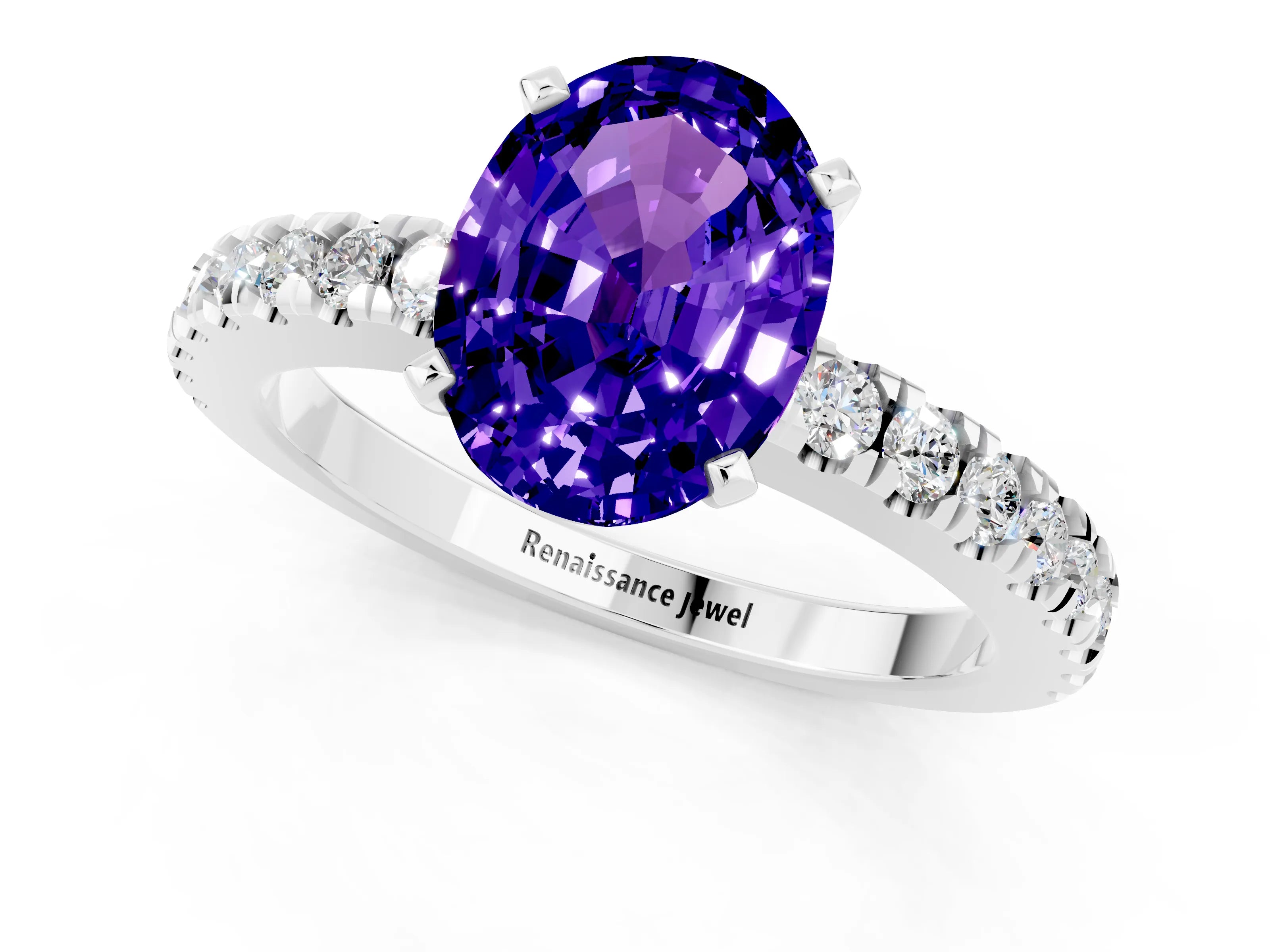 White gold Oval Cut Solitaire Diamond with Pavé Band and Four-Prong Setting_1