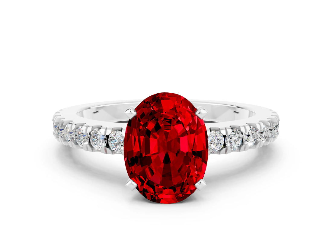 White gold Oval Cut Solitaire Diamond with Pavé Band and Four-Prong Setting