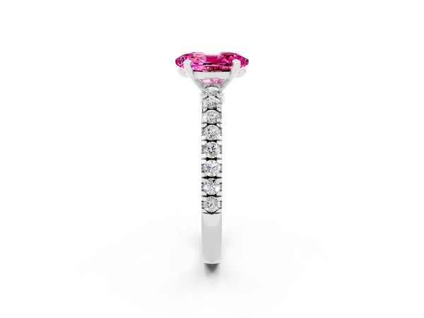 Silver Oval Cut Solitaire Pink Sapphire with Pavé Band and Four-Prong Setting