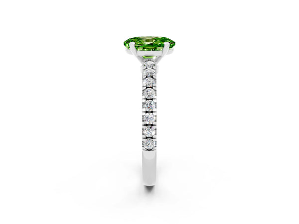 Platinum Oval Cut Solitaire Peridot with Pavé Band and Four-Prong Setting