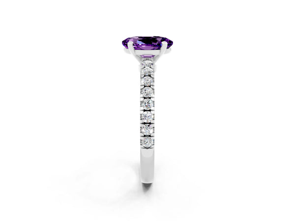 Platinum Oval Cut Solitaire Amethyst with Pavé Band and Four-Prong Setting