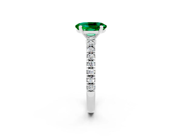 White gold Oval Cut Solitaire Emerald with Pavé Band and Four-Prong Setting