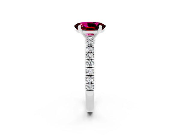 White gold Oval Cut Solitaire Garnet with Pavé Band and Four-Prong Setting