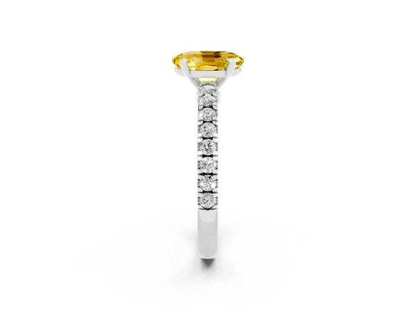 Silver Oval Cut Solitaire Yellow Sapphire with Pavé Band and Four-Prong Setting