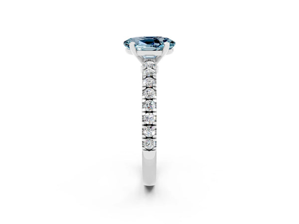 Platinum Oval Cut Solitaire Aquamarine with Pavé Band and Four-Prong Setting