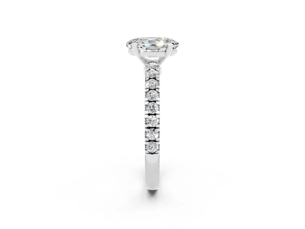 Silver Oval Cut Solitaire Moissanite with Pavé Band and Four-Prong Setting
