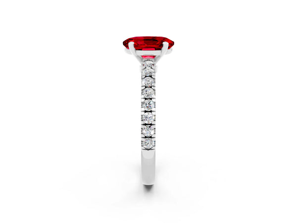 Silver Oval Cut Solitaire Ruby with Pavé Band and Four-Prong Setting