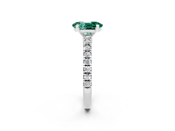 White gold Oval Cut Solitaire Green Sapphire with Pavé Band and Four-Prong Setting