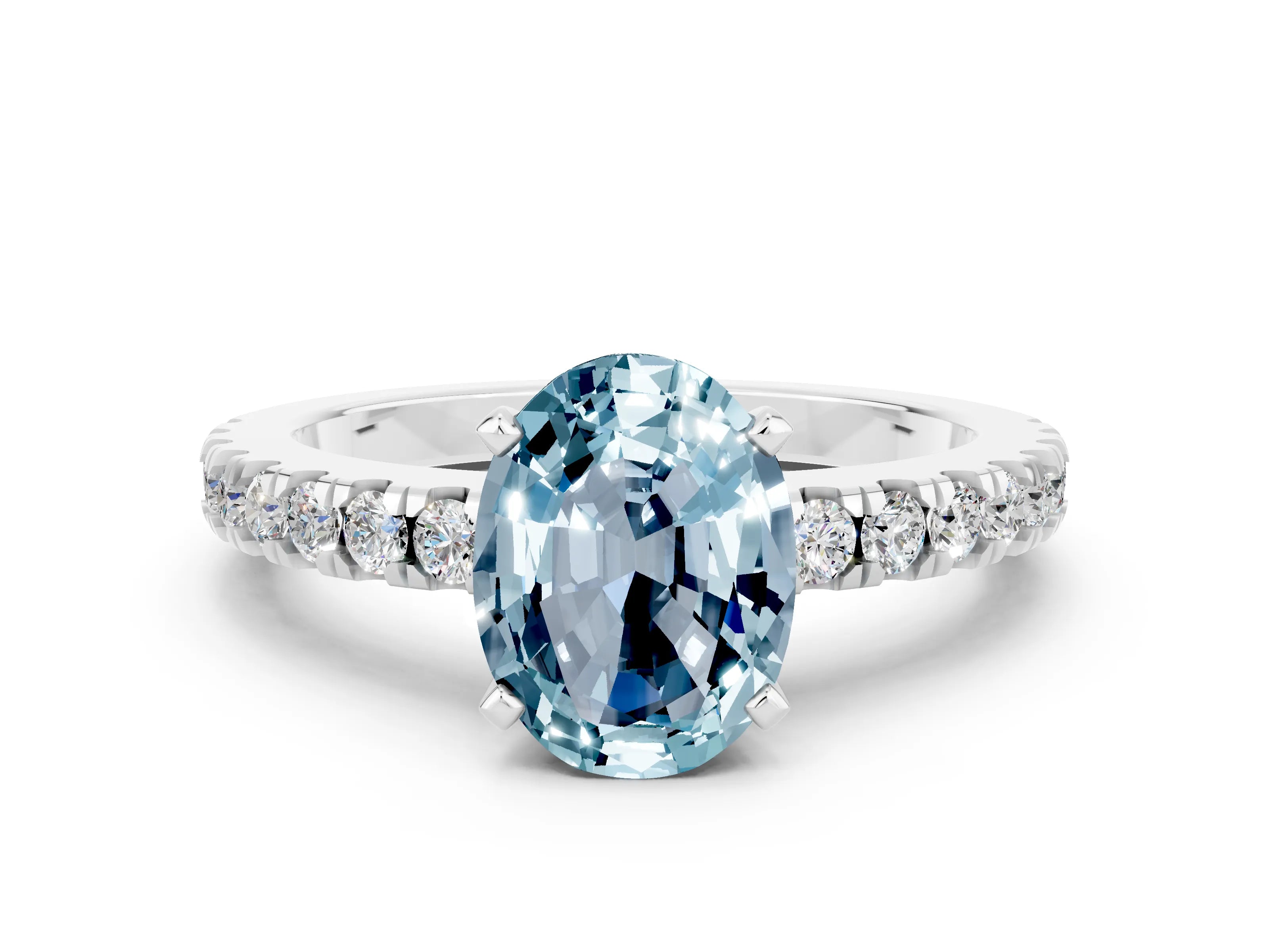White gold Oval Cut Solitaire Diamond with Pavé Band and Four-Prong Setting