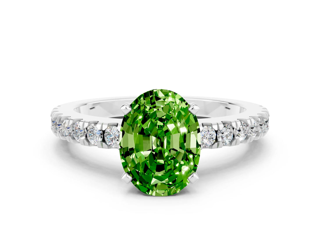 White gold Oval Cut Solitaire Diamond with Pavé Band and Four-Prong Setting