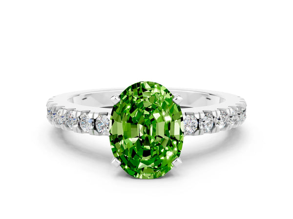 Platinum Oval Cut Solitaire Peridot with Pavé Band and Four-Prong Setting