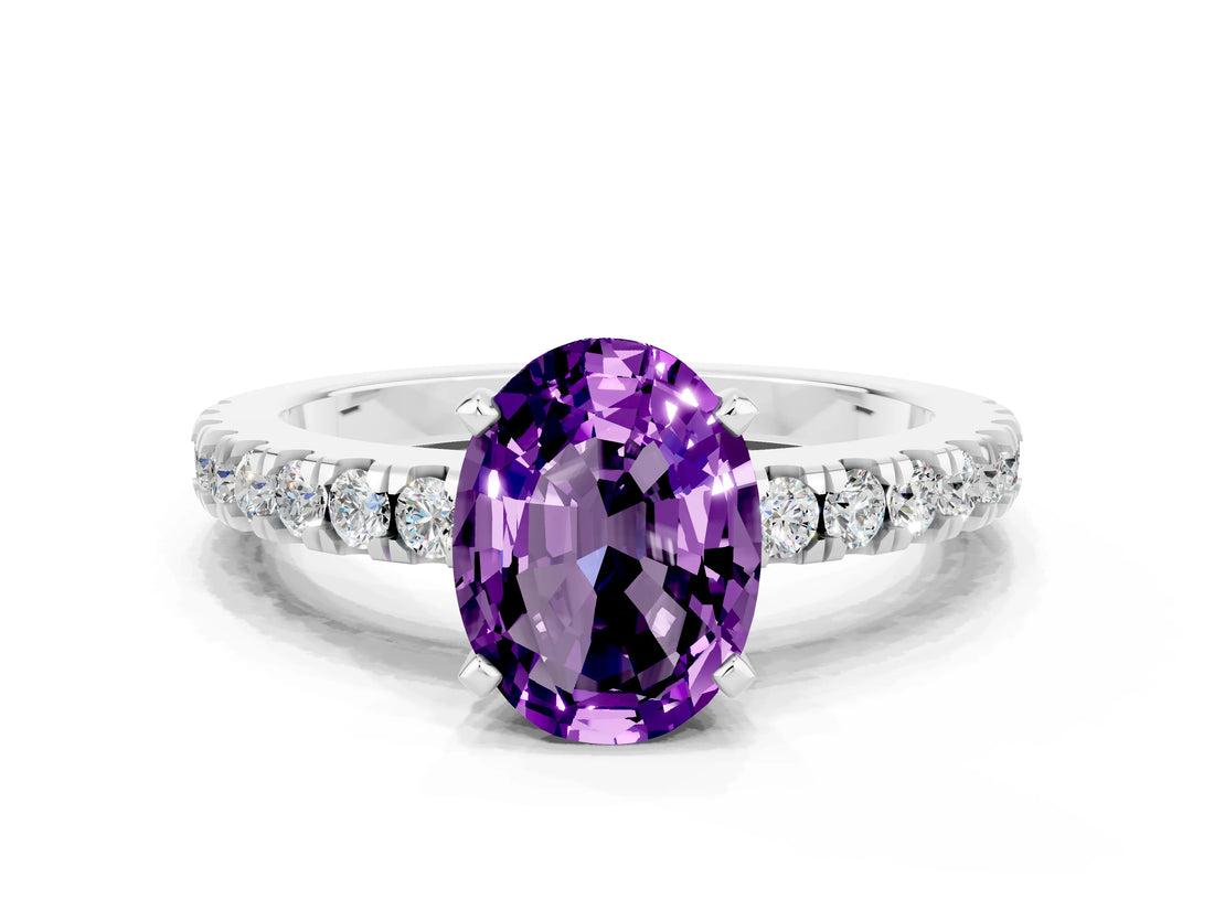 White gold Oval Cut Solitaire Diamond with Pavé Band and Four-Prong Setting