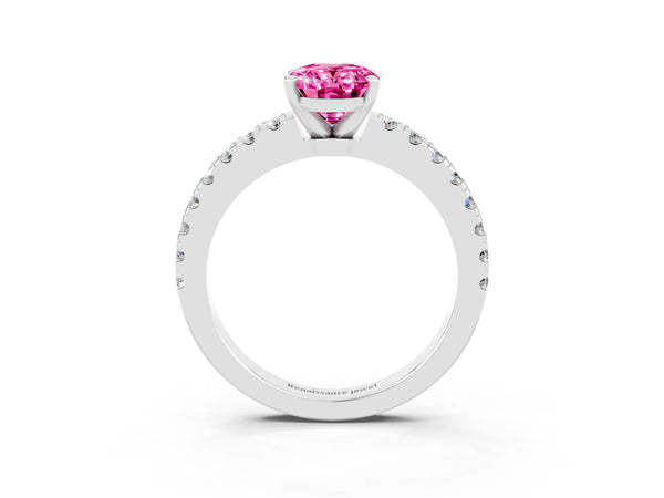 Silver Oval Cut Solitaire Pink Sapphire with Pavé Band and Four-Prong Setting
