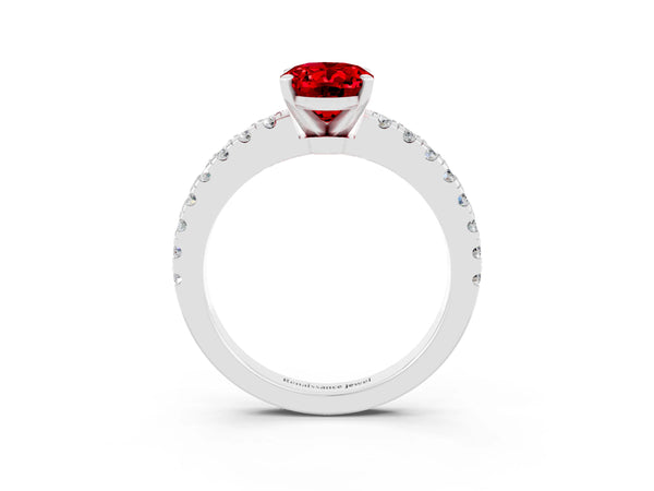 White gold Oval Cut Solitaire Ruby with Pavé Band and Four-Prong Setting