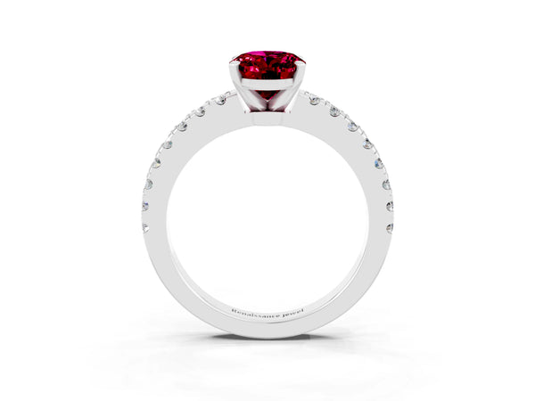 White gold Oval Cut Solitaire Garnet with Pavé Band and Four-Prong Setting