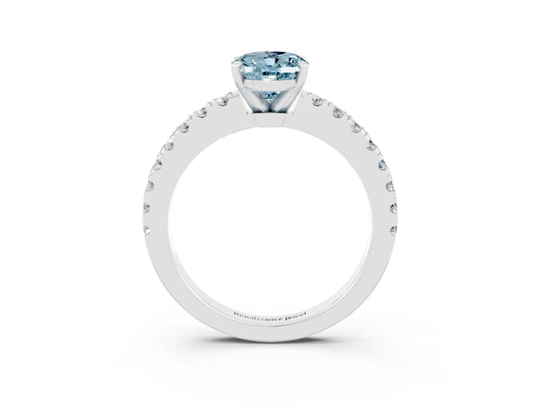 Platinum Oval Cut Solitaire Aquamarine with Pavé Band and Four-Prong Setting