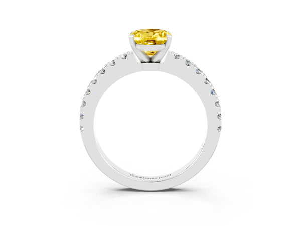 Silver Oval Cut Solitaire Yellow Sapphire with Pavé Band and Four-Prong Setting