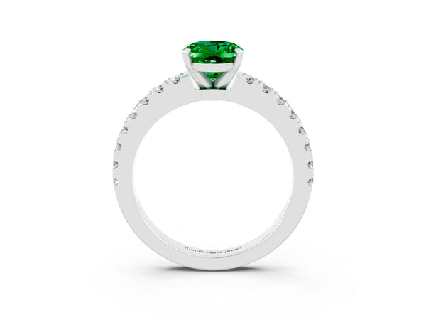 Silver Oval Cut Solitaire Emerald with Pavé Band and Four-Prong Setting