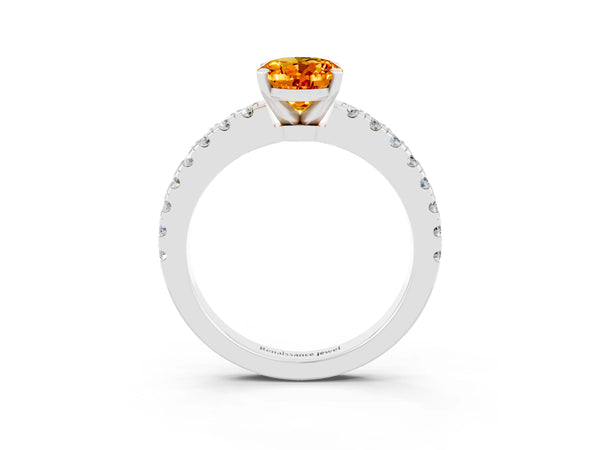 Silver Oval Cut Solitaire Citrine with Pavé Band and Four-Prong Setting