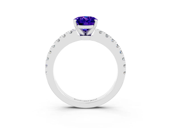 Silver Oval Cut Solitaire Tanzanite with Pavé Band and Four-Prong Setting