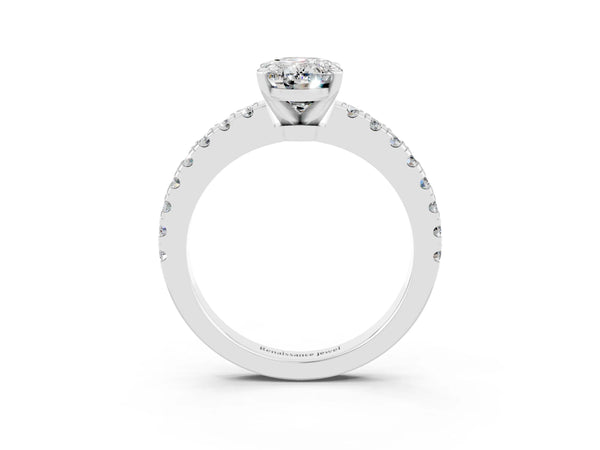 Silver Oval Cut Solitaire Moissanite with Pavé Band and Four-Prong Setting