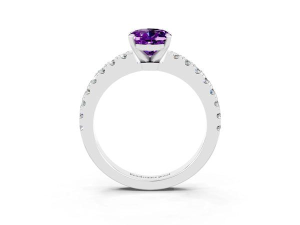 Platinum Oval Cut Solitaire Amethyst with Pavé Band and Four-Prong Setting