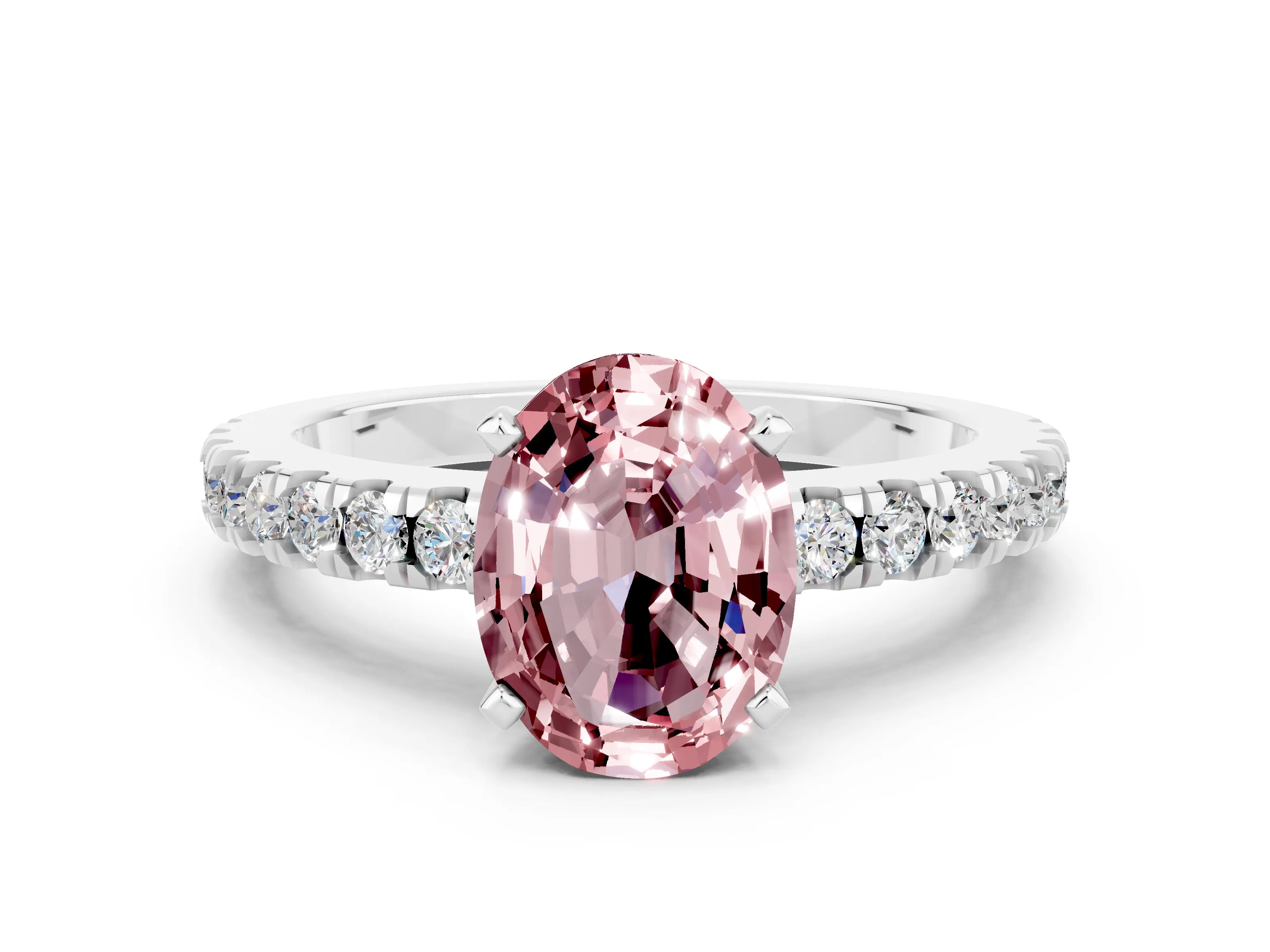 White gold Oval Cut Solitaire Diamond with Pavé Band and Four-Prong Setting