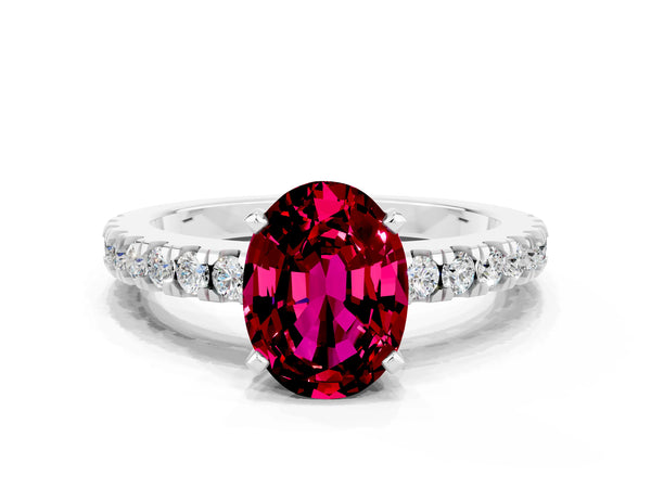 White gold Oval Cut Solitaire Garnet with Pavé Band and Four-Prong Setting