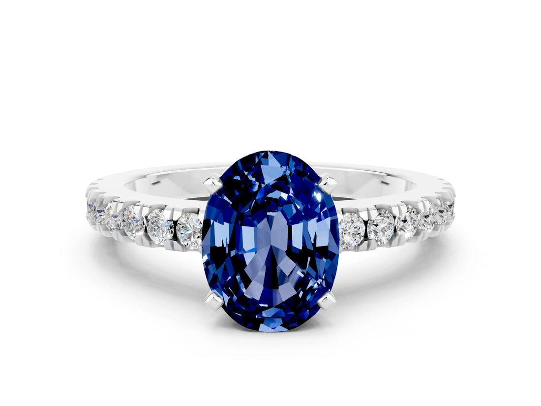 White gold Oval Cut Solitaire Diamond with Pavé Band and Four-Prong Setting