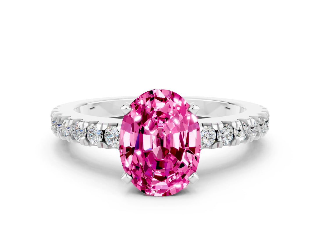 White gold Oval Cut Solitaire Diamond with Pavé Band and Four-Prong Setting